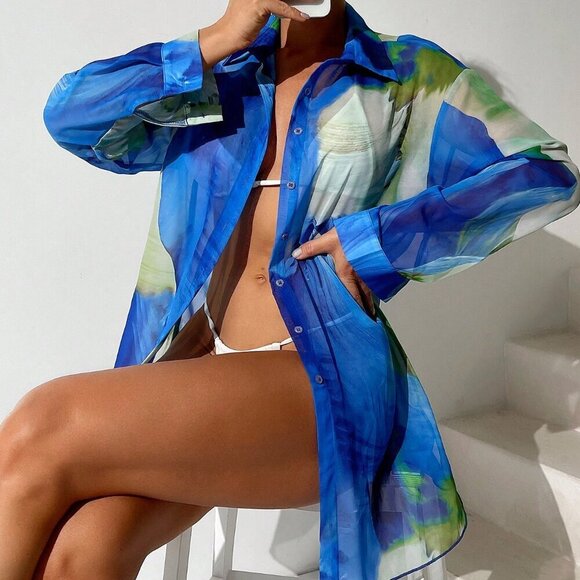 Blue Women's Beach Tie Dye Kimono Jacket - Picture 5 of 5